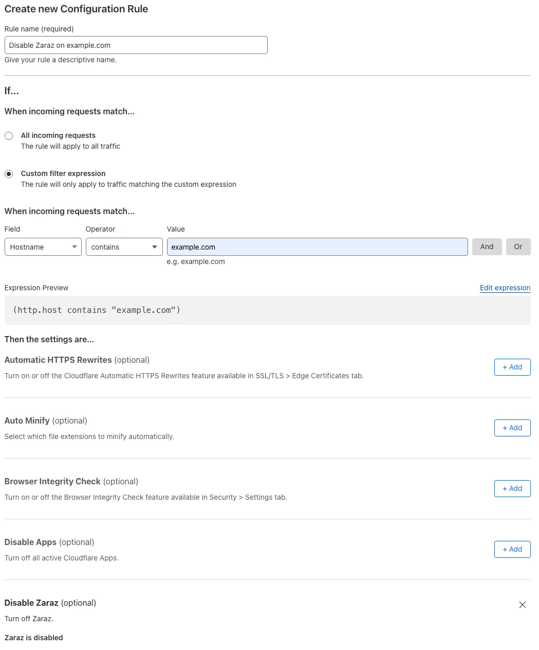 Configuration rule matching the 'Disable Zaraz' setting of the example Page Rule